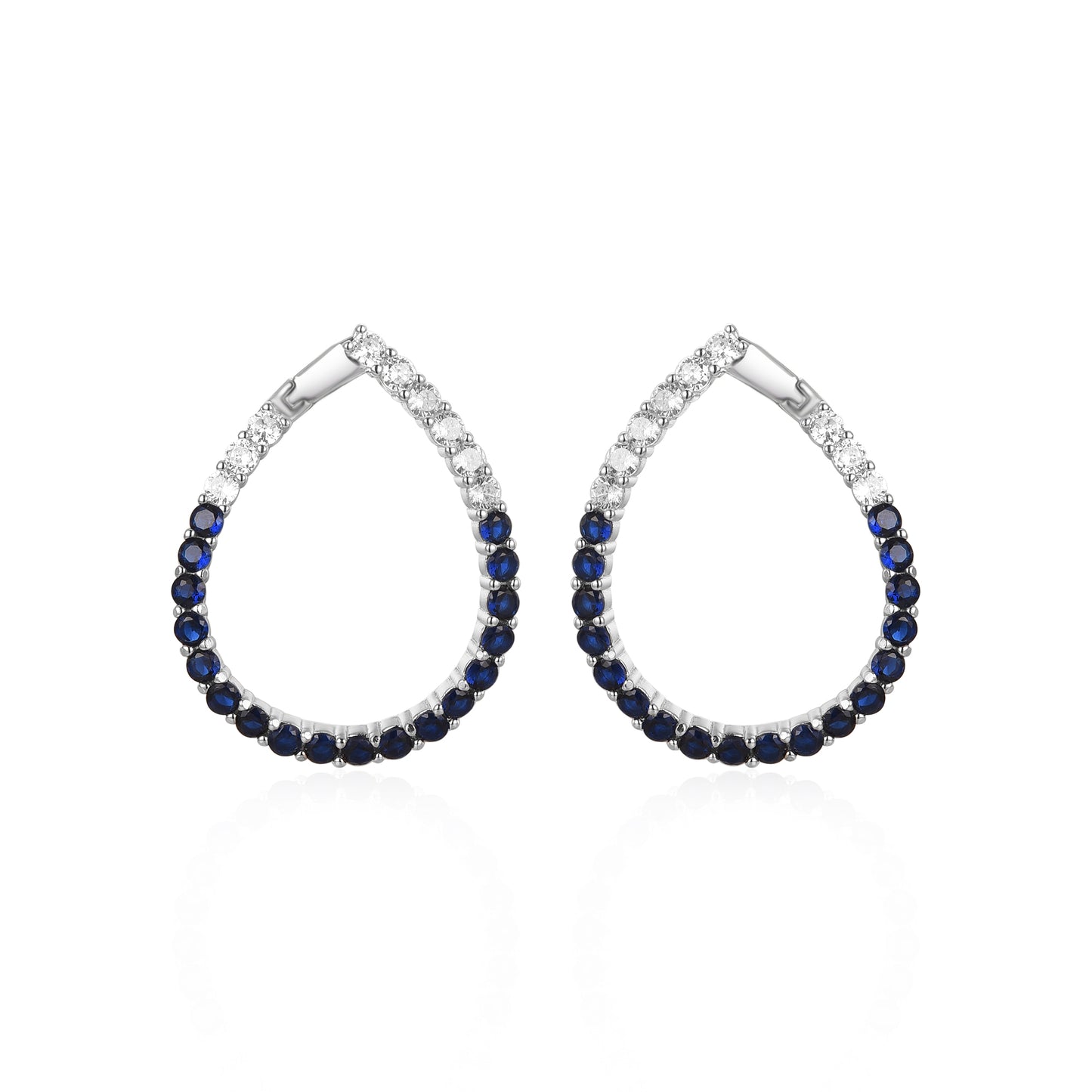 Sterling Silver Clear and Sapphire or Ruby and CZ Front Back J Hoop Teardrop Earrings
