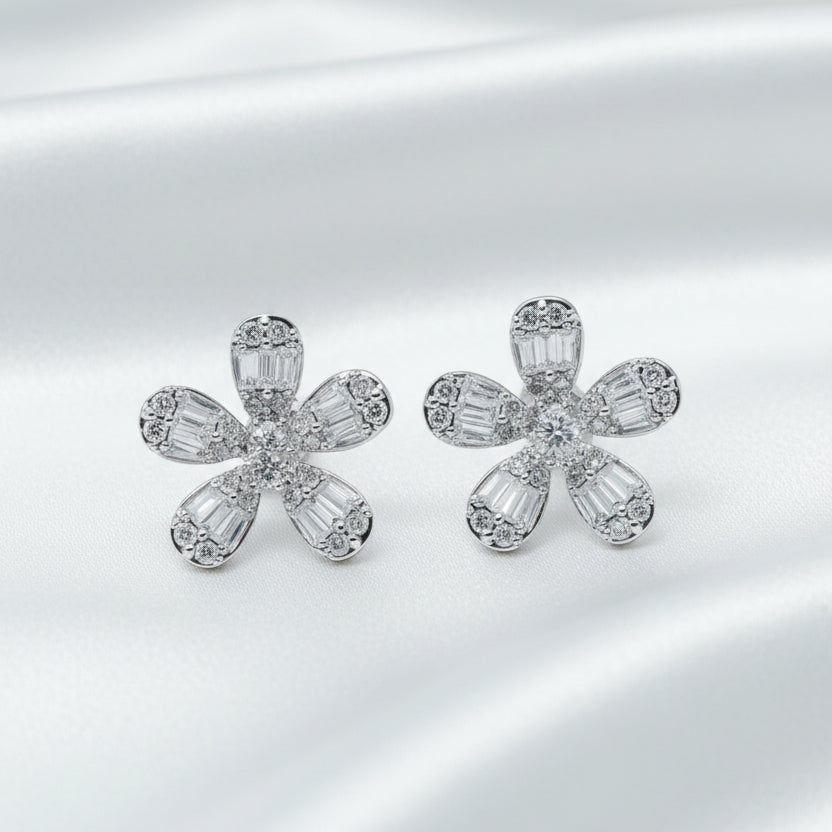14K White Gold Five-Petal Baguette and Round Diamond Earrings - 1 CTW