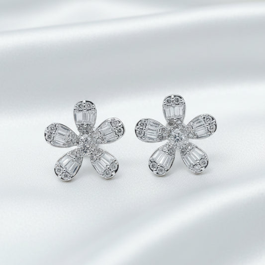 14K White Gold Five-Petal Baguette and Round Diamond Earrings - 1 CTW