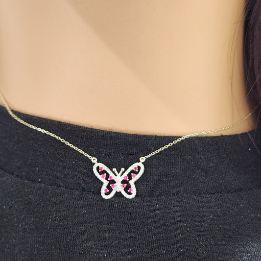 10K Gold Micropave Diamond Butterfly With Ruby Necklace