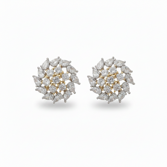 Sterling Silver Two-Tone CZ Dome Cluster Stud Earrings