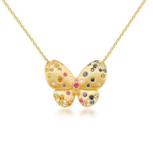 Sterling Silver Gold Plated Puffy Butterfly With Colorful CZ Necklace