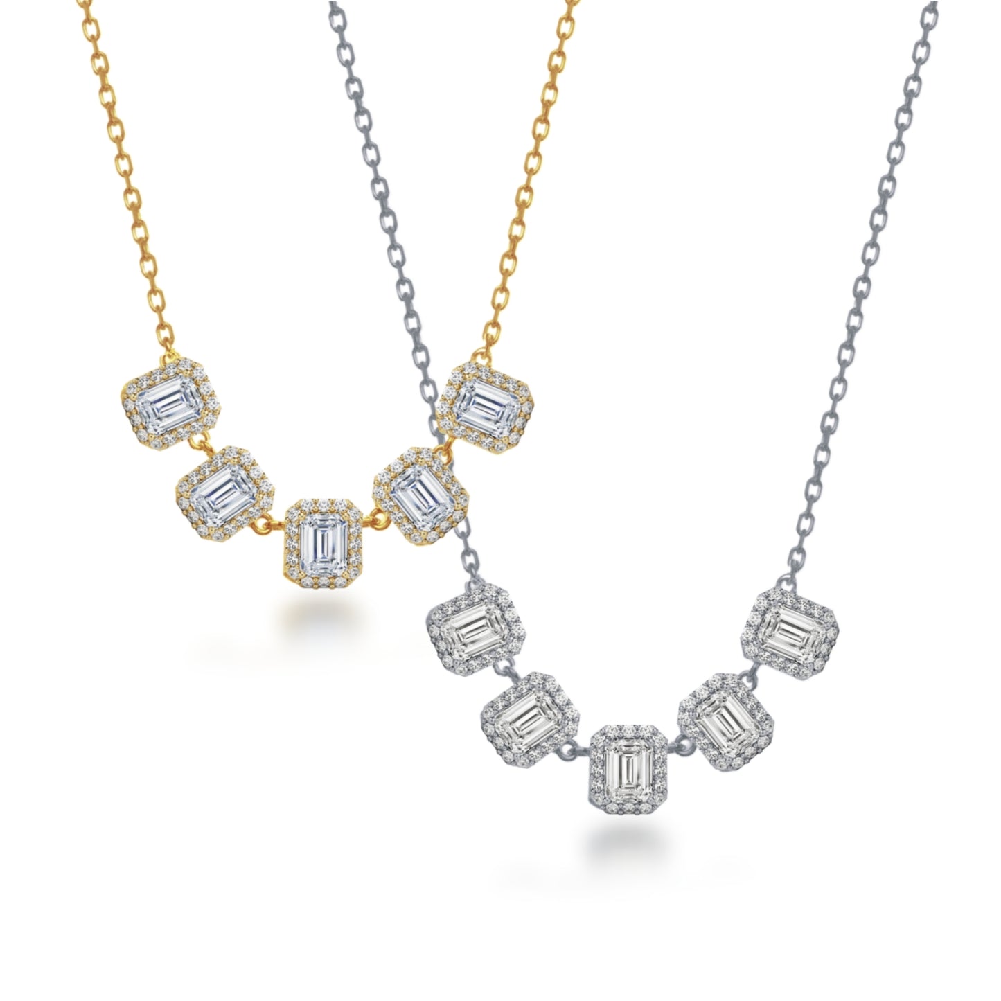 Sterling Silver 5 Halo Emerald Cut Stone Bar Necklace