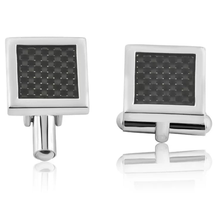 Silver Color Square Cufflinks with Black Carbon Fiber Center