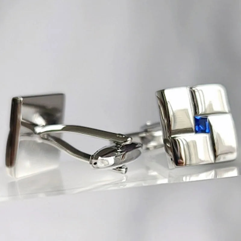 Silver Color Square Cufflinks with Blue Stone