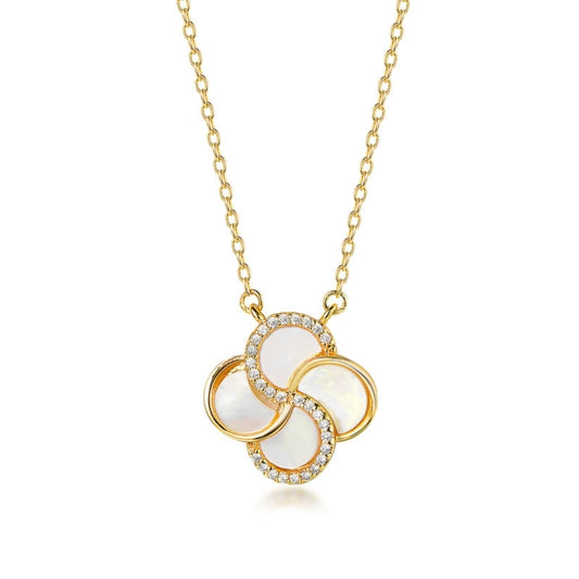 Gold Plated Sterling Silver Mother of Pearl with CZ Clover Necklace