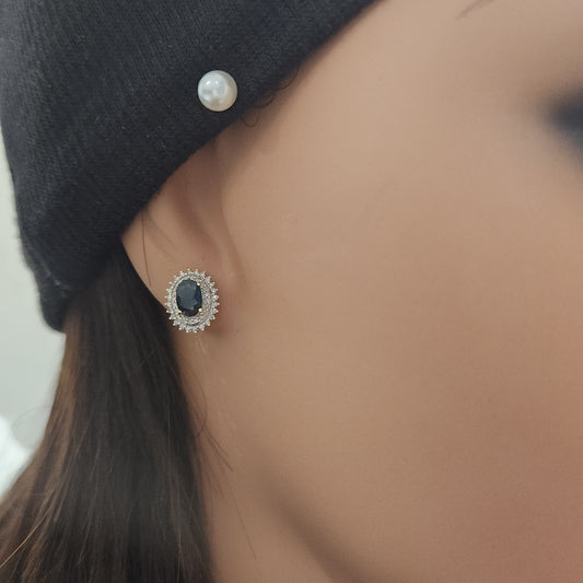 10K Gold Diamond and Sapphire Oval Stud Earrings