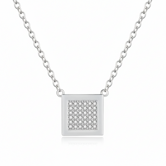 Gold Plated Sterling Silver Pave Cubic Zirconia Square Pendant Necklace