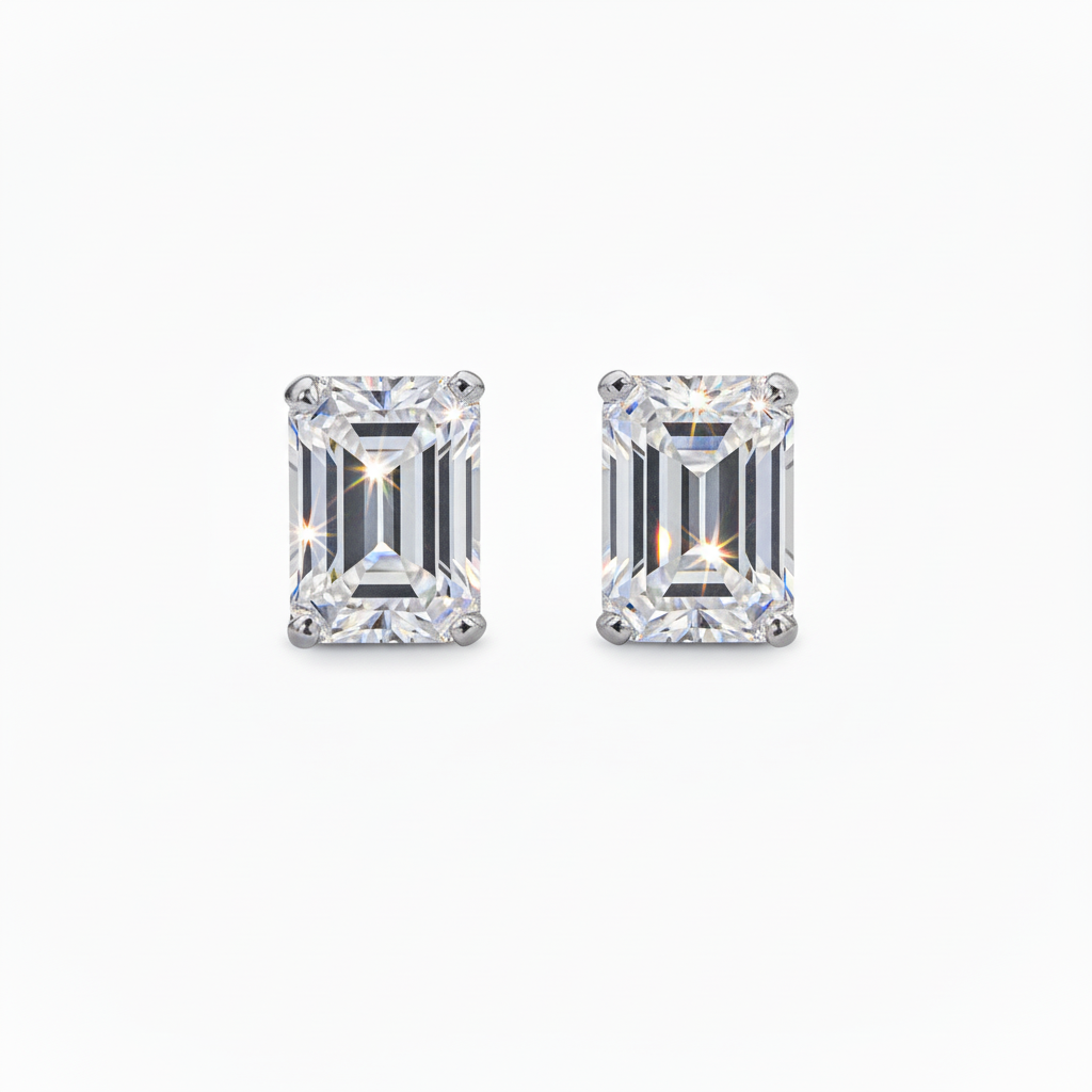 3.16ct Emerald Cut Lab Grown Diamond Solitaire Stud Earrings in 14K Gold