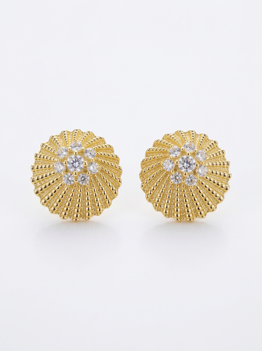 Sterling Silver Gold Plated Ribbed With Center CZ's Stud Earrings