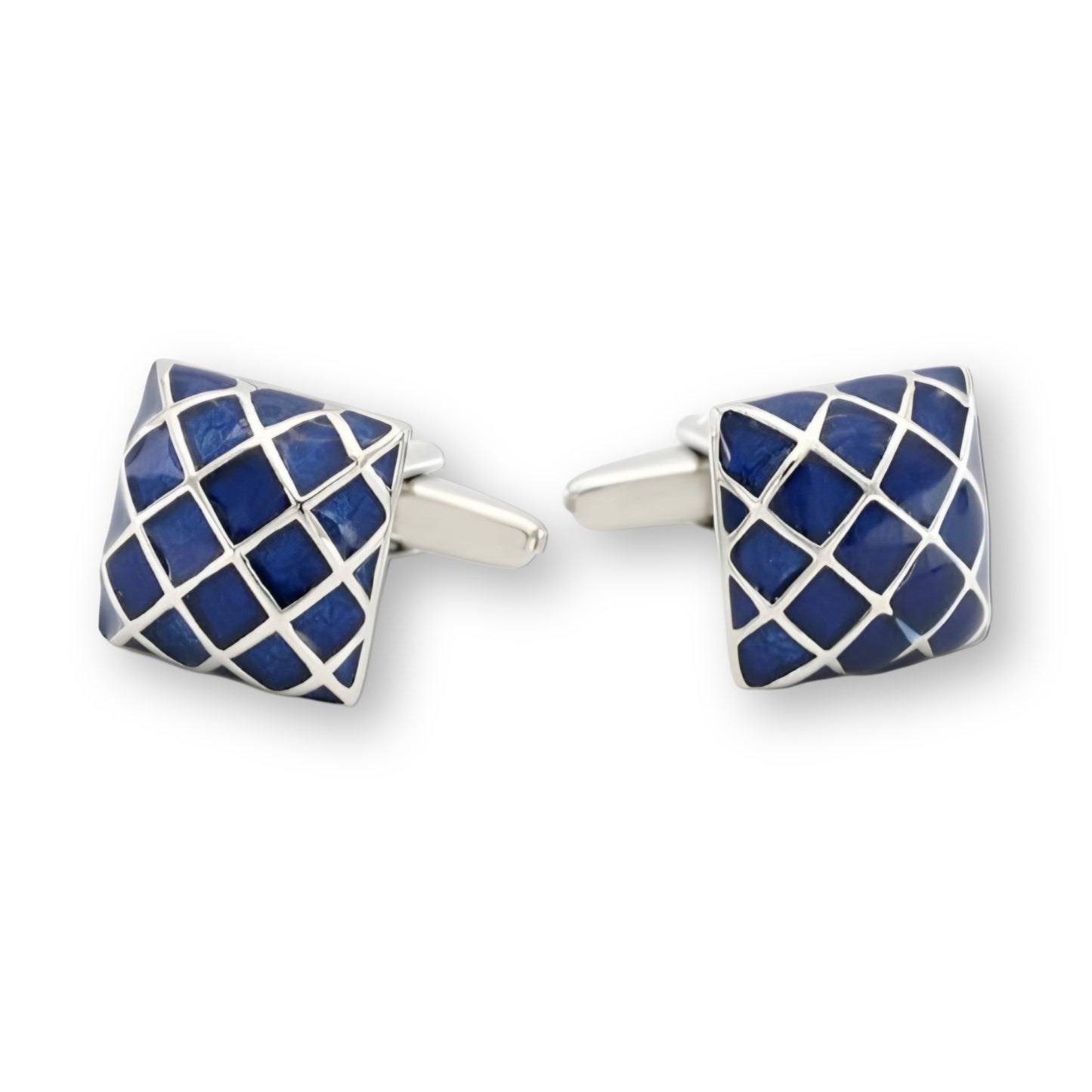 Silver Color Square Cufflinks with Blue Enamel Checkered Design