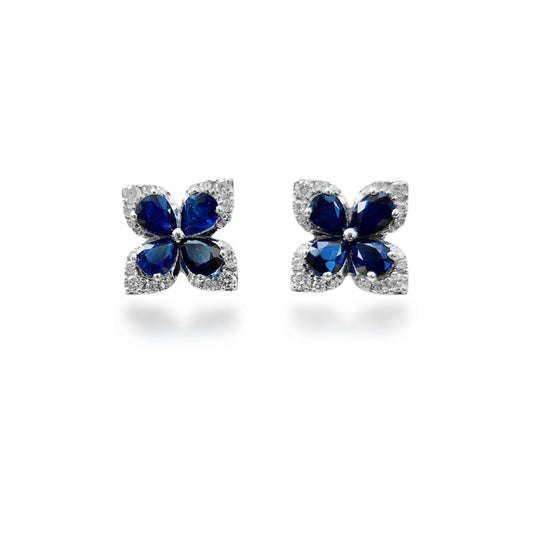 10k Gold Four Petal Sapphire and Diamond Stud Earrings