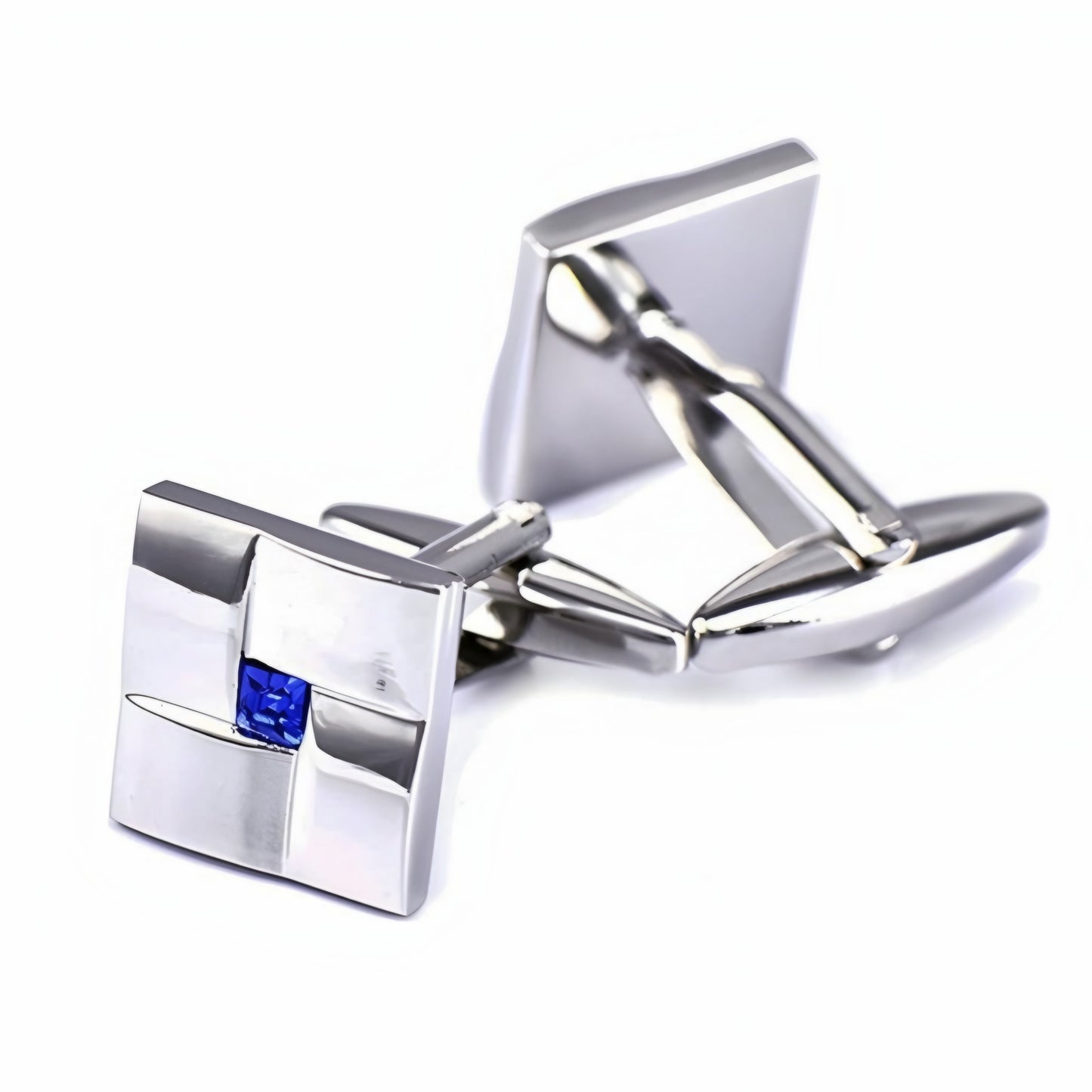 Silver Color Square Cufflinks with Blue Stone