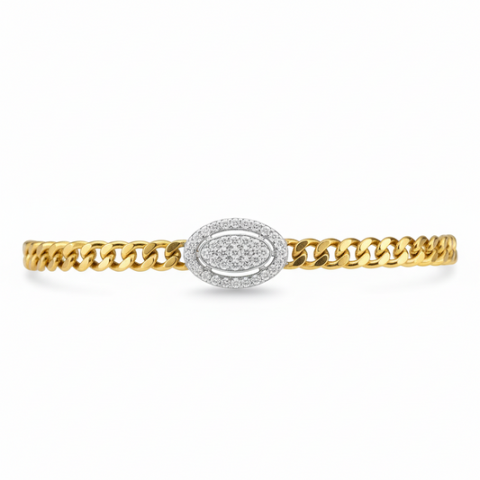 Micropave Oval Cuban Curb Chain Bracelet - Gold Plated Silver 6" + 1"