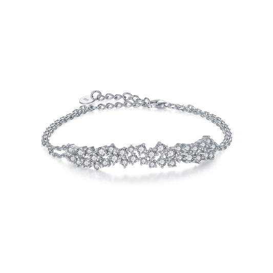 Sterling Silver CZ Sprinkled Bar Bracelet on Double Chain