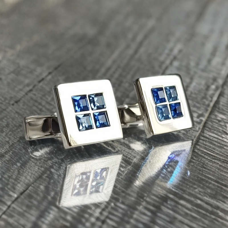 Silver Color Square Cufflinks with Square Blue Stones