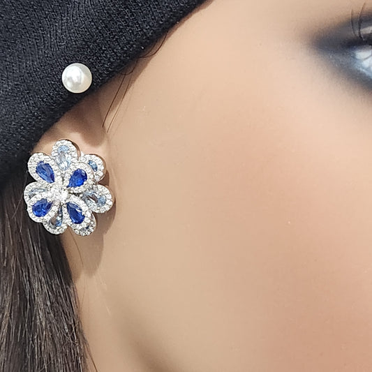 Sterling Silver Blue Mix Large Flower CZ Stud Earring