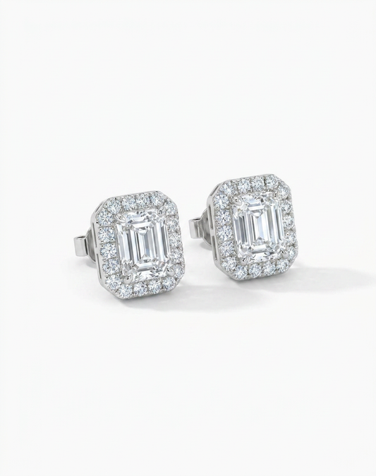 14K Radiant Cut Halo CVD Lab Grown Diamond Earrings