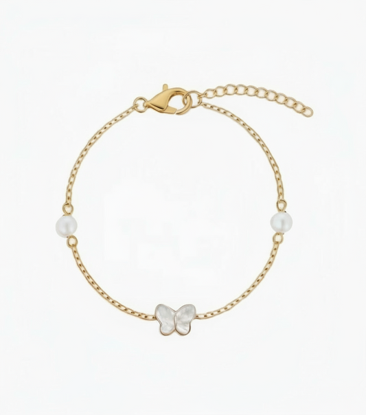 Gold Plated Sterling Silver Pearl and Mother Of Pearl Butterfly Bracelet