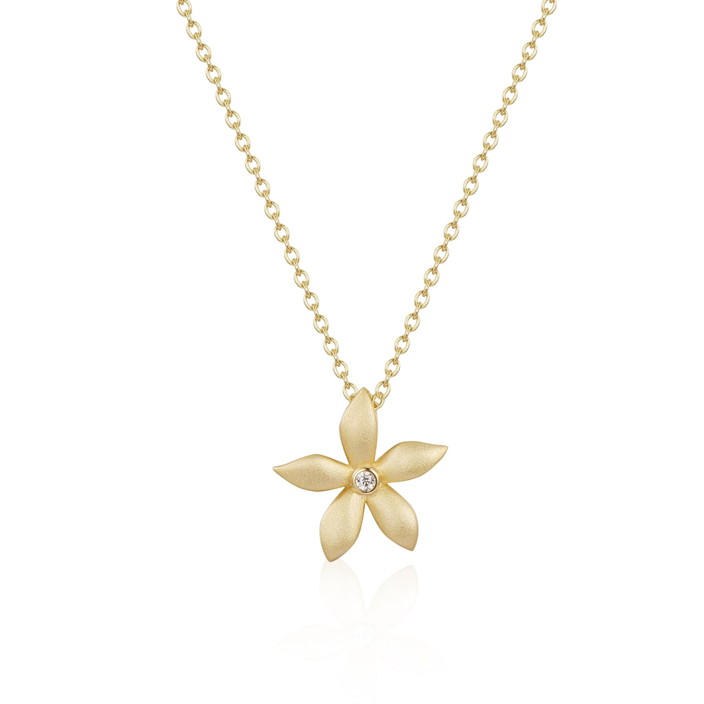 Sterling Silver Matte Finish Gold Plated Flower With Center CZ Necklace