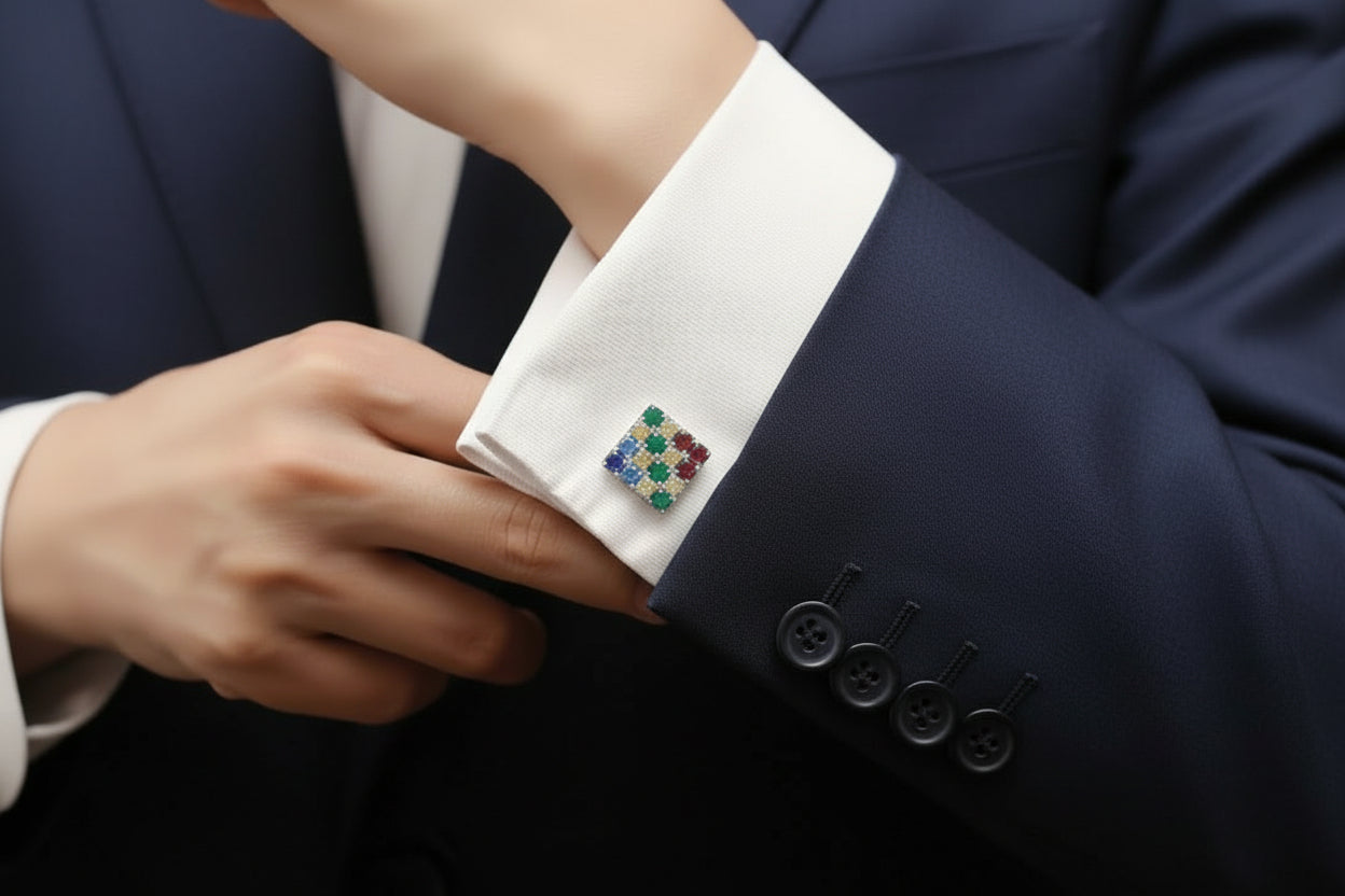 Rhodium Plated Multicolor CZ Square Cufflinks
