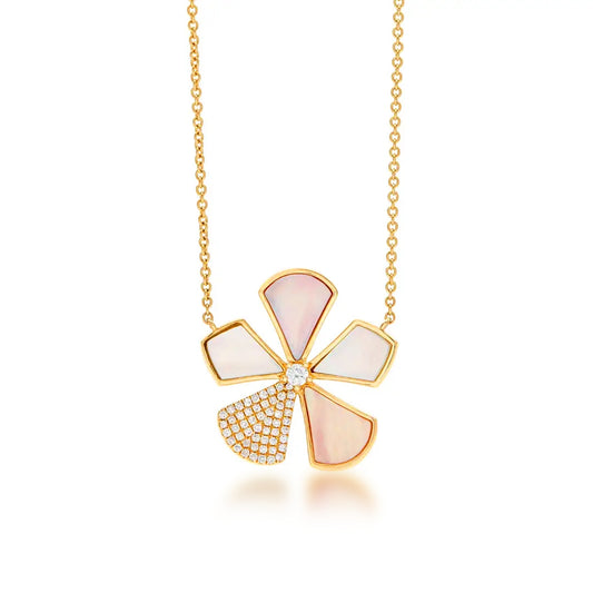 Sterling Silver Gold Plated Mother of Pearl And CZ Five Petal Flowers Necklace