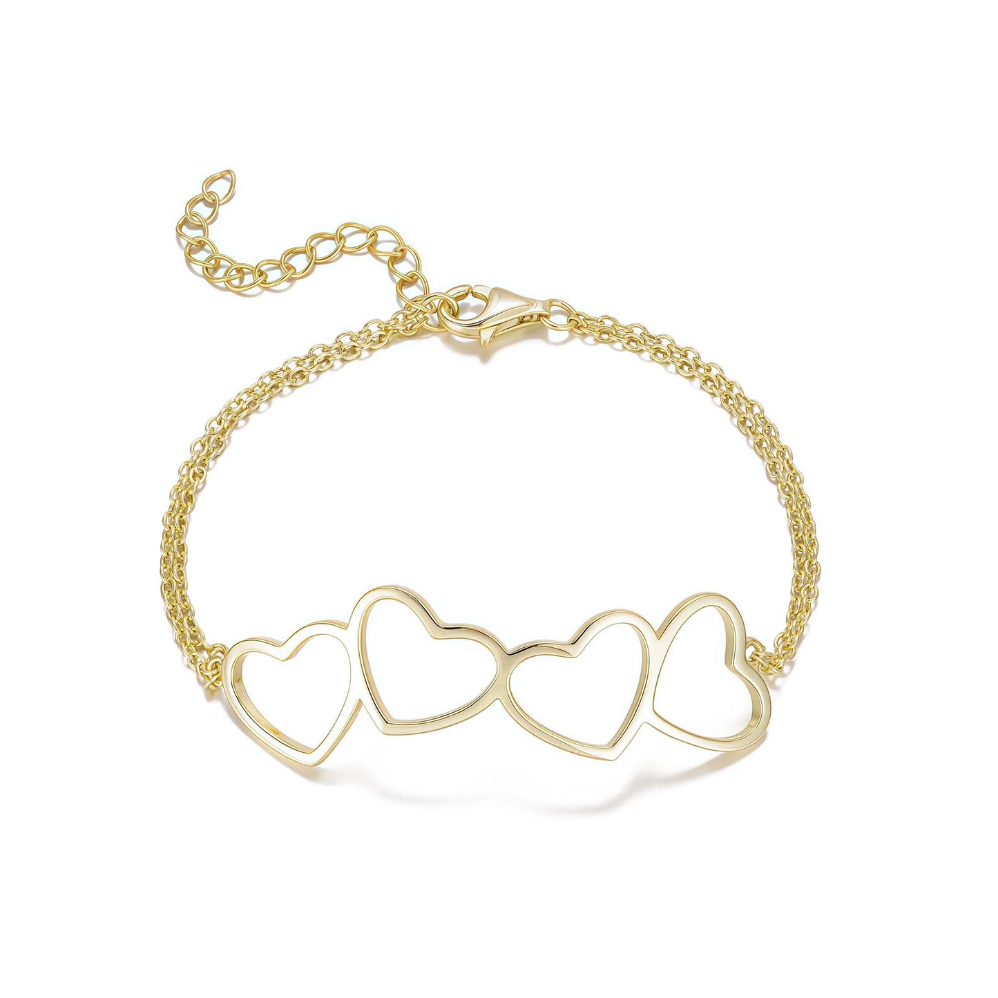 Gold Plated Sterling Silver Four Heart Double Chain Bracelet