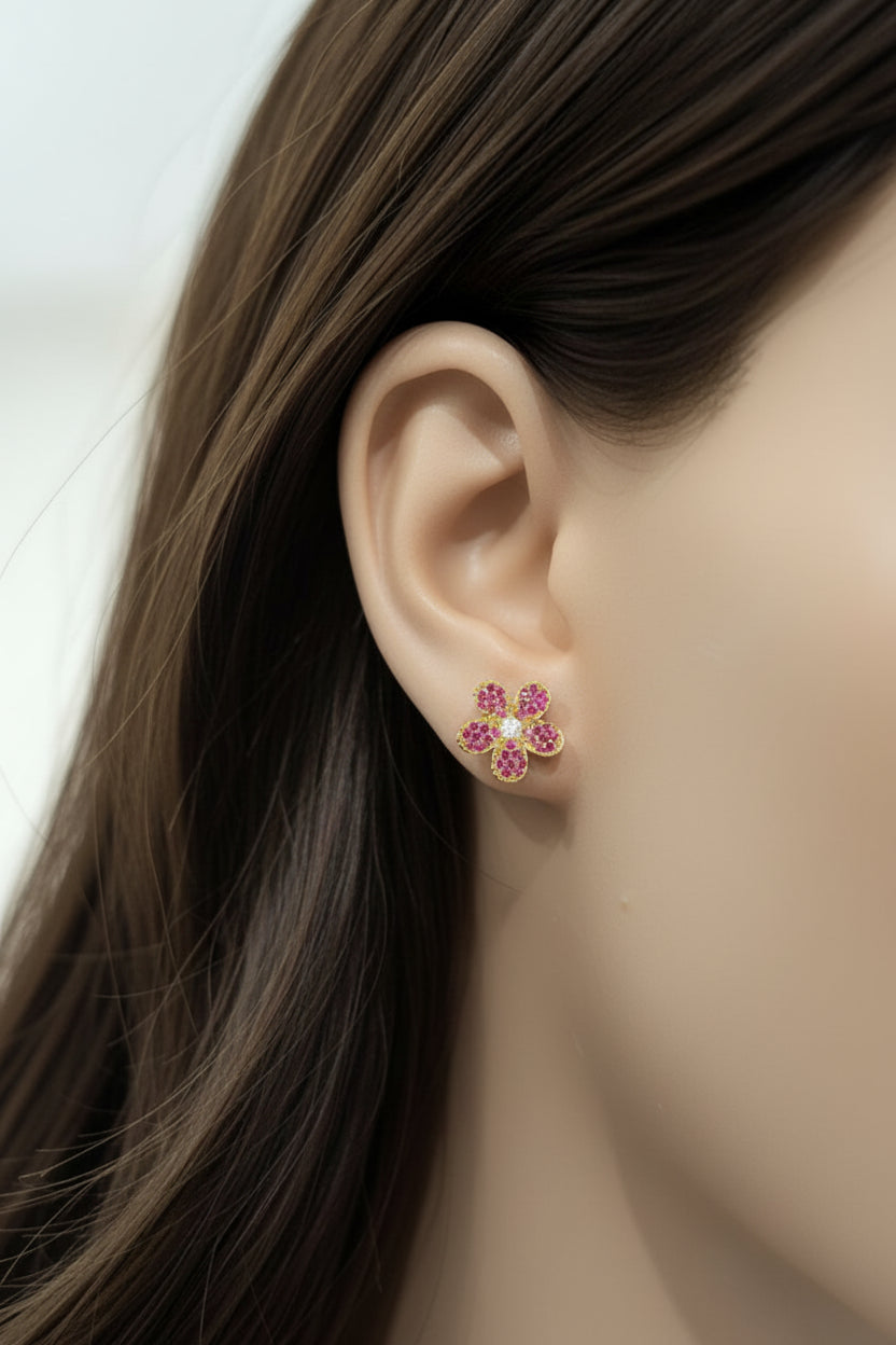 Surgical Steel 5 Petal Micropave Flower Stud Earrings - Hypoallergenic