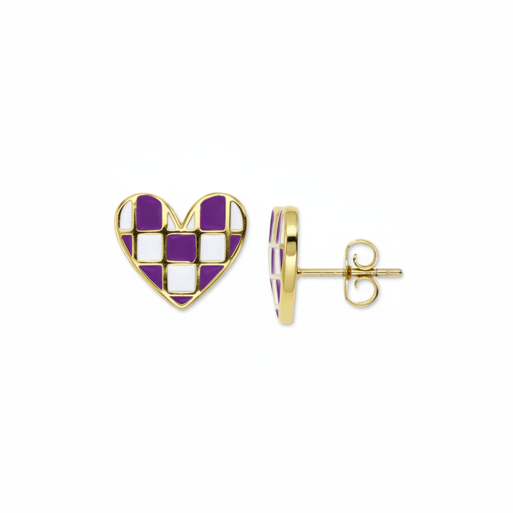 Gold-Plated Surgical Steel Checkerboard Enamel Heart Stud Earrings - Hypoallergenic Kids Jewelry