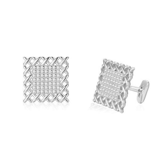 Gold Plated Sterling Silver Weave Design with Clear Micropave CZ Cufflinks
