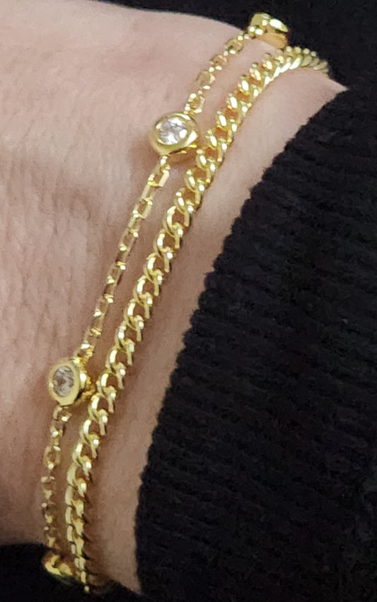 Sterling Silver Double Chain Cuban and Diamond by the Yard Bracelet