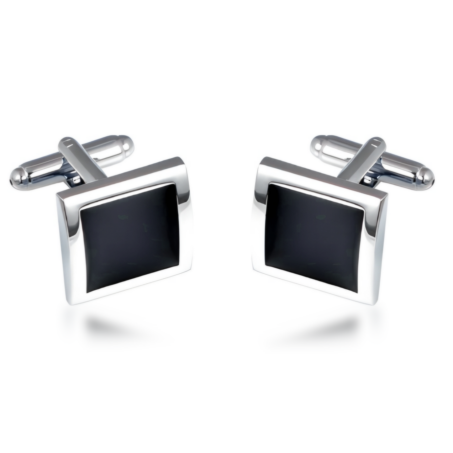 Silver Color Square Cufflinks with Black Center Stone