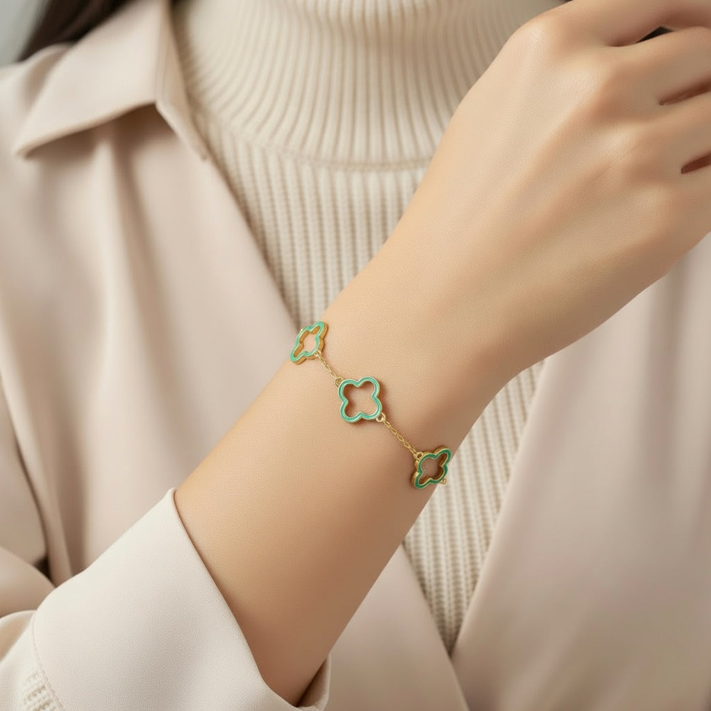 Gold Plated Sterling Silver Enamel Outline Clover Bracelet