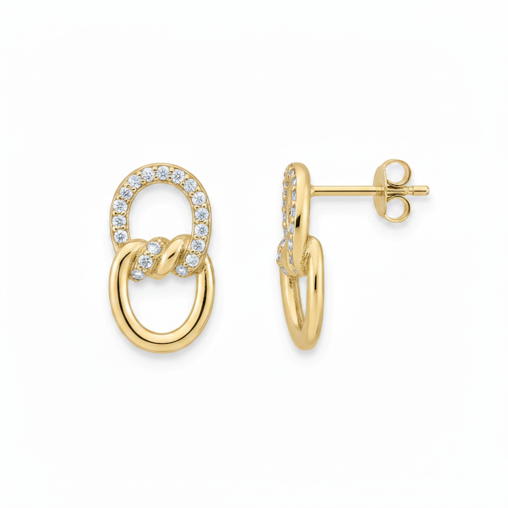 Sterling Silver Gold Plated Interlocking Twisted Circle Stud Earring
