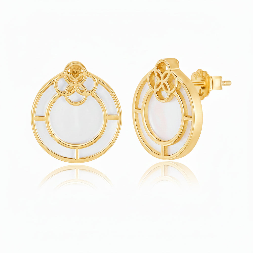 Gold Plated Sterling Silver Round Mother of Pearl Floral Overlay Stud Earrings