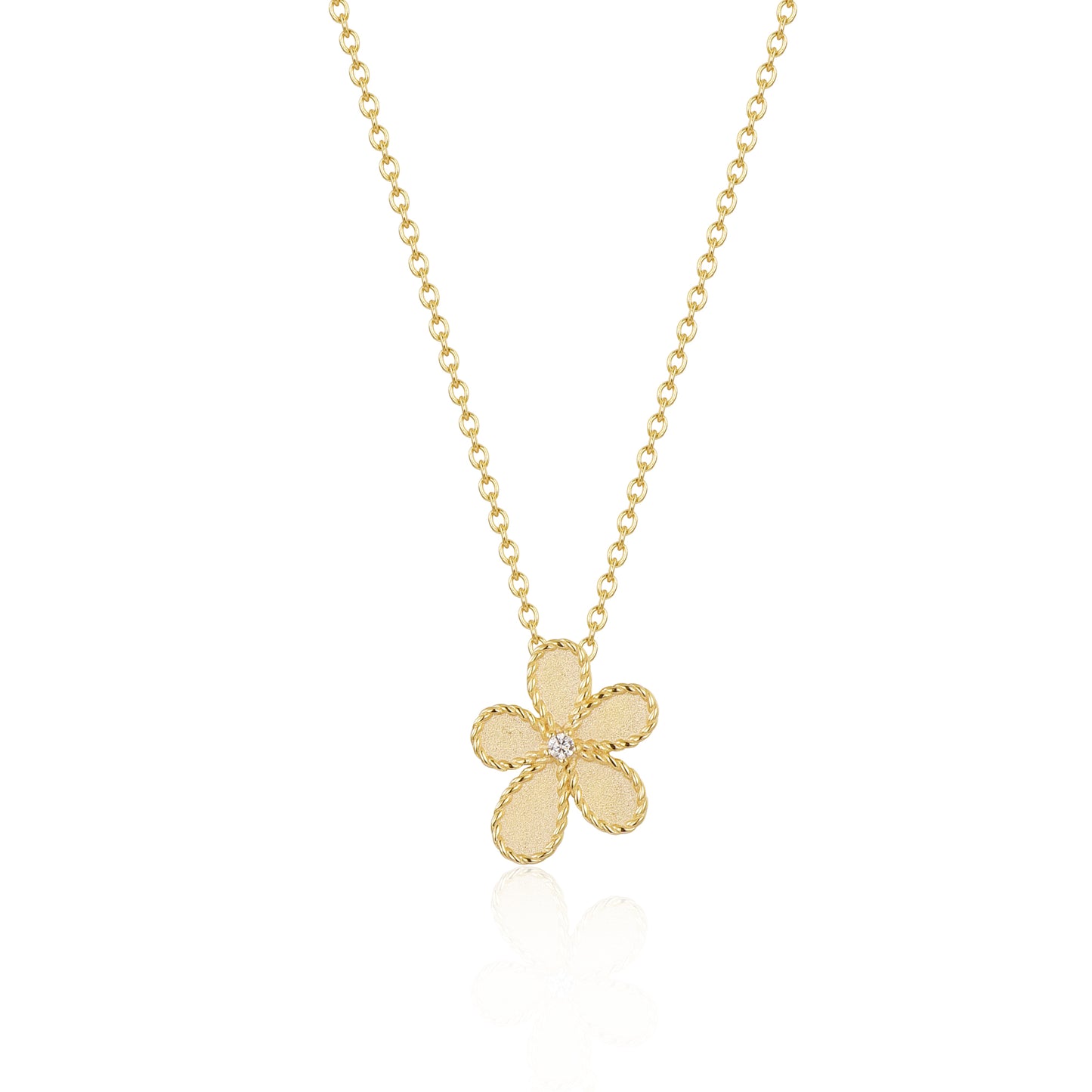 Sterling Silver Matte Finish Gold Plated Flower With Beaded Border Necklace