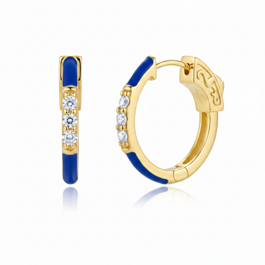 Surgical Steel Gold Plated Oval CZ and Enamel Hoop Earrings