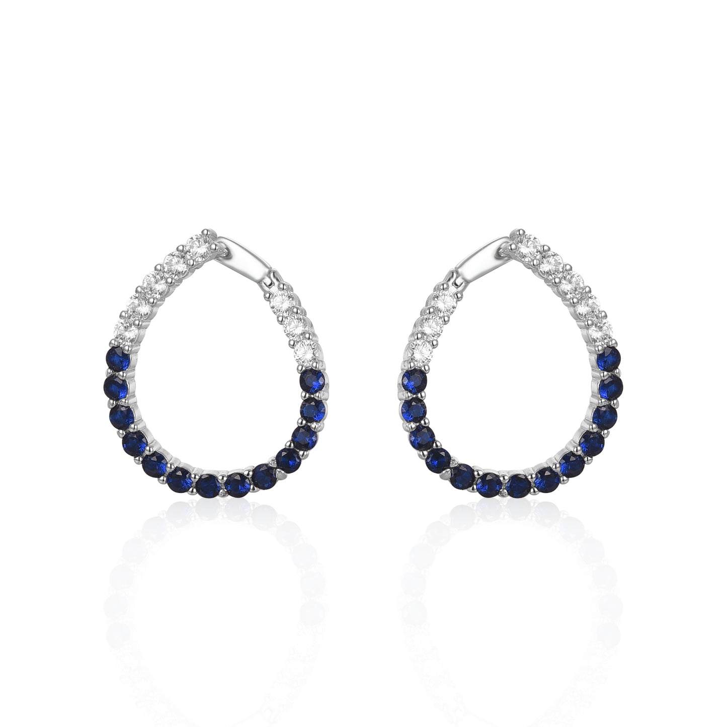 Sterling Silver Clear and Sapphire or Ruby and CZ Front Back J Hoop Teardrop Earrings
