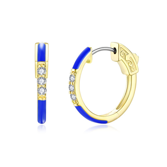 Surgical Steel Gold Plated Round CZ and Enamel Hoop Earrings