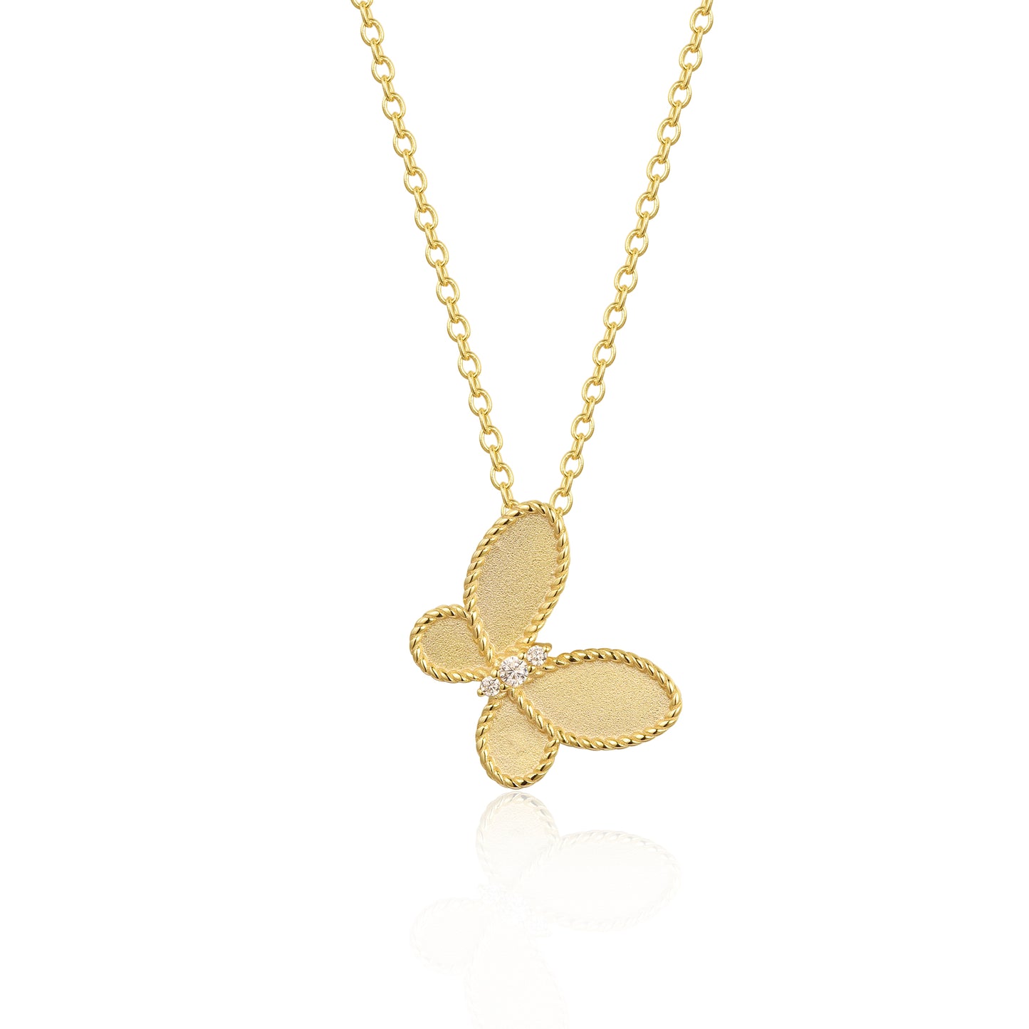 Sterling Silver Matte Finish Gold Plated Butterfly With Beaded Border Necklace