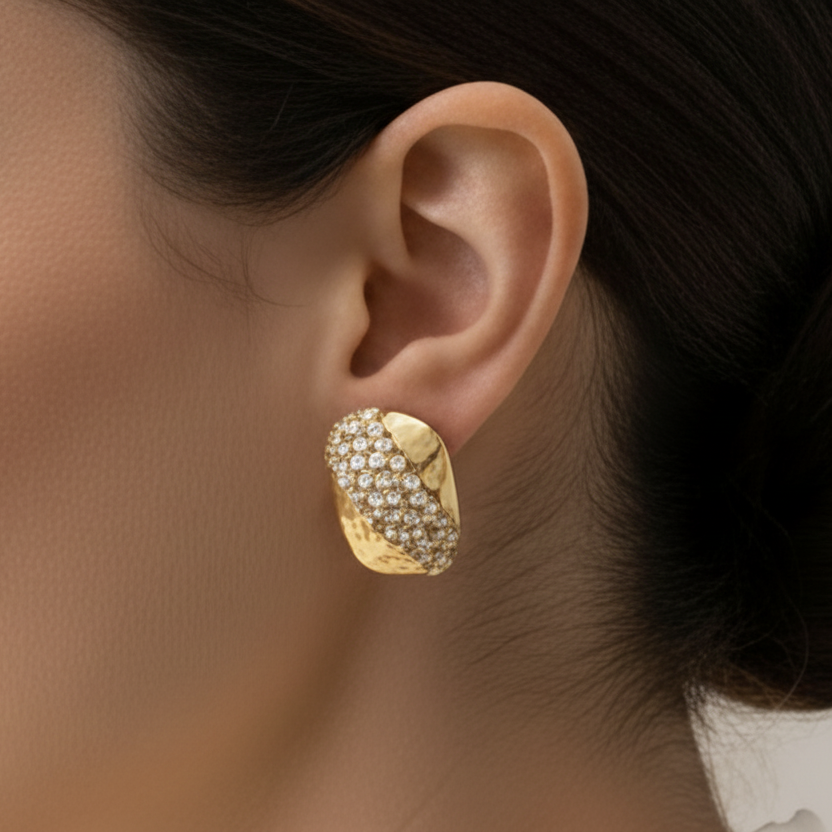 Sterling Silver Gold Plated Rectangular Shaped With CZ Stud Earrings