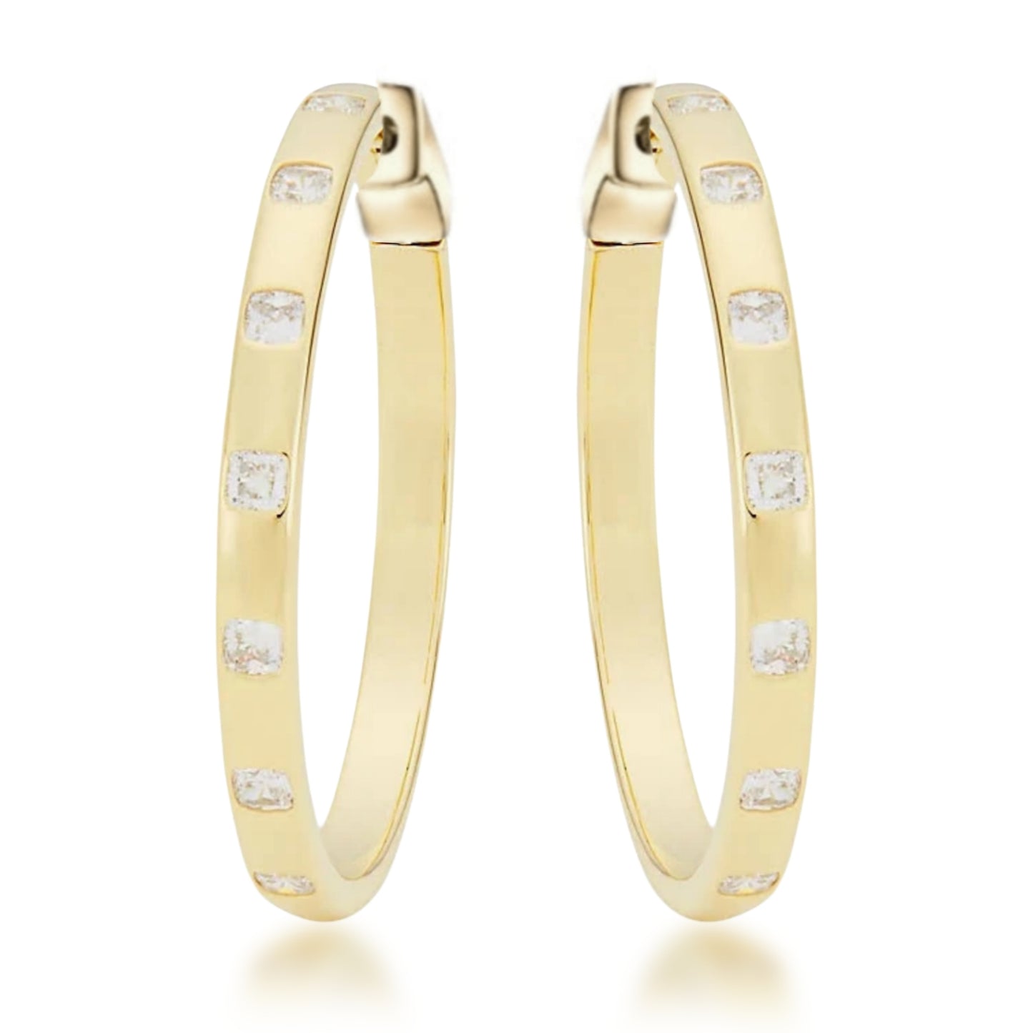 Sterling Silver 1.25" Oval Inlaid Princess Cut CZ Hoop Earrings