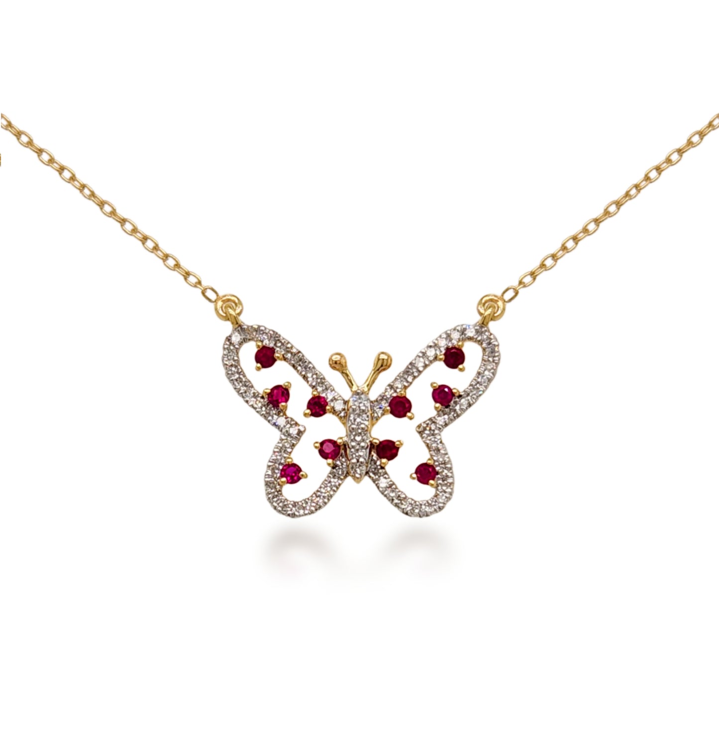 10K Gold Micropave Diamond Butterfly With Ruby Necklace