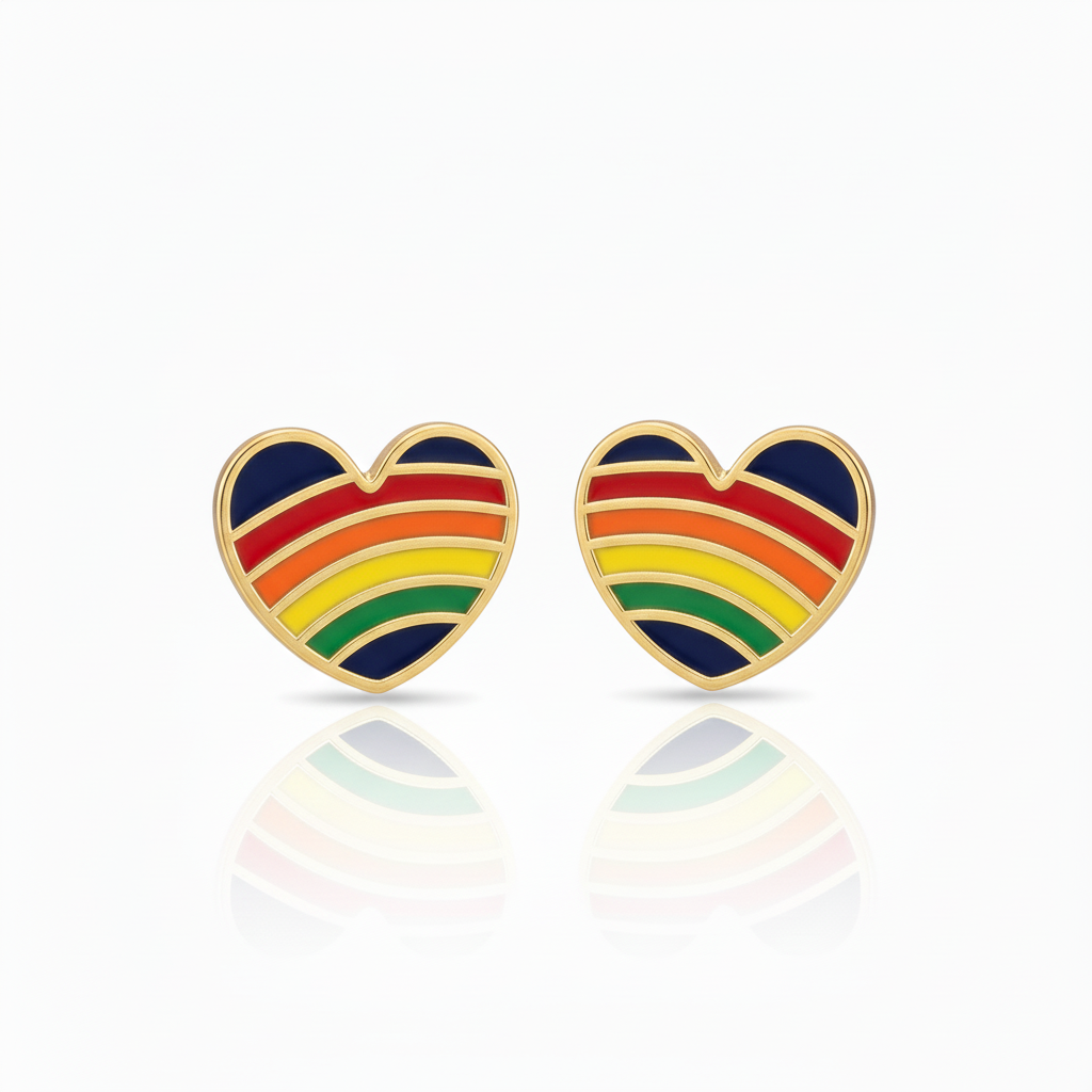 Gold-Plated Surgical Steel Multicolor Enamel Heart Stud Earrings - Hypoallergenic Kids Jewelry