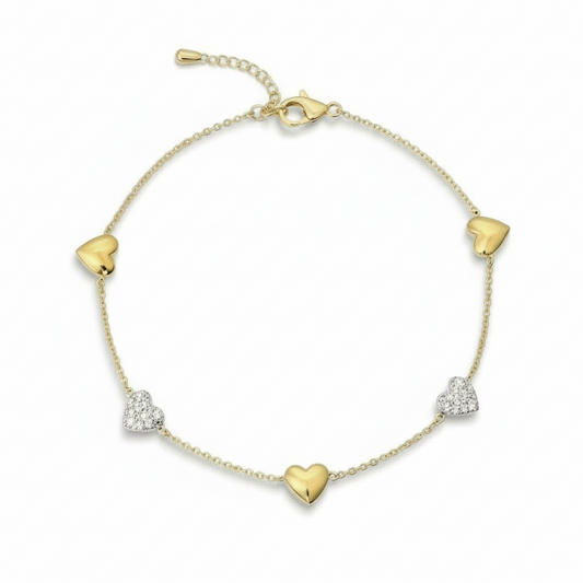 Gold Plated Sterling Silver Alternating Shiny Heart and CZ Heart Bracelet