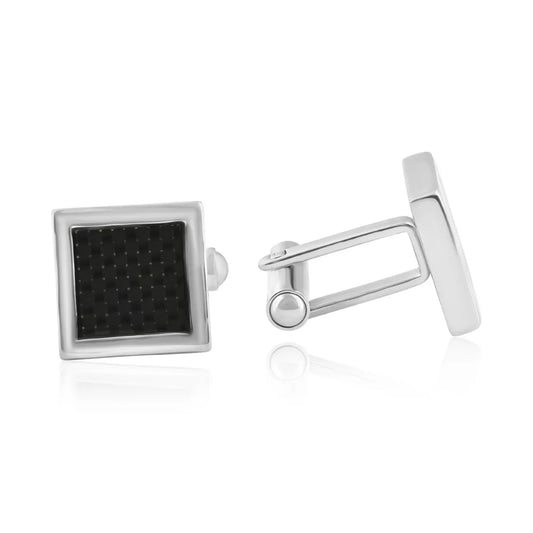 Silver Color Square Cufflinks with Black Carbon Fiber Center