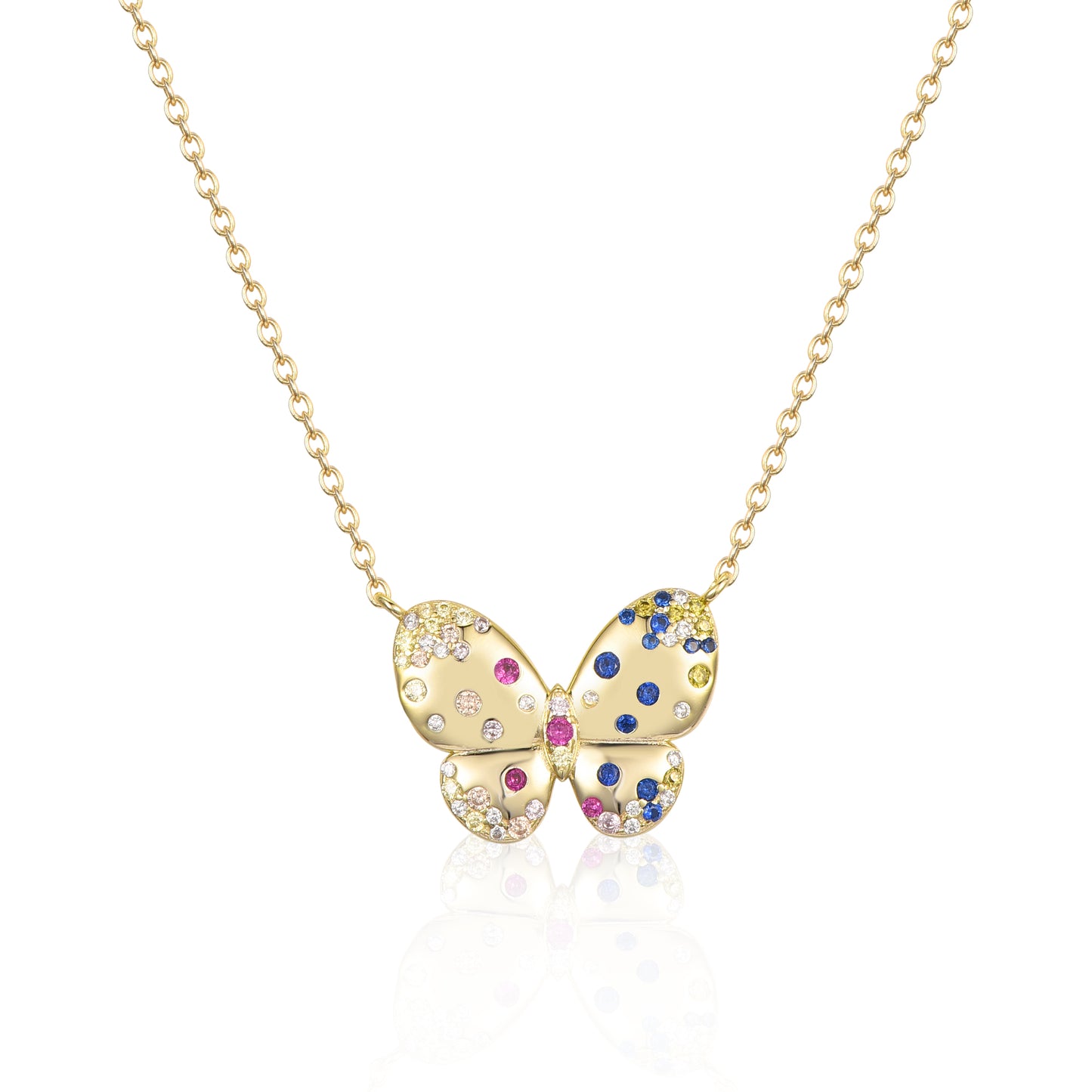 Sterling Silver Gold Plated Puffy Butterfly With Colorful CZ Necklace
