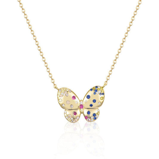 Sterling Silver Gold Plated Puffy Butterfly With Colorful CZ Necklace