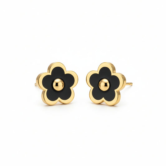 Gold-Plated Enamel Flower Stud Earrings with Center Circle - Hypoallergenic Surgical Steel Kids
