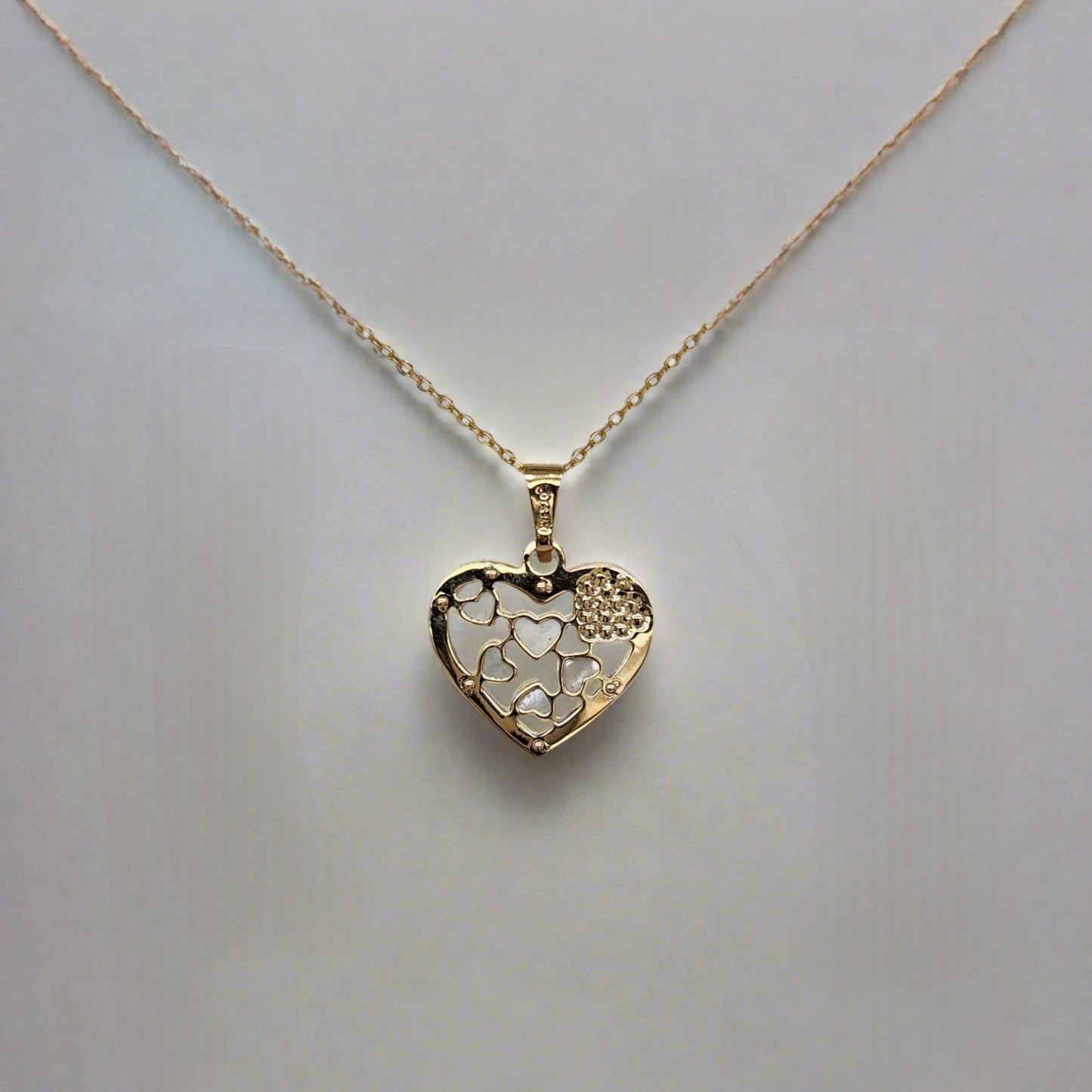 14k Gold Mother of Pearl Hearts Pendant Necklace